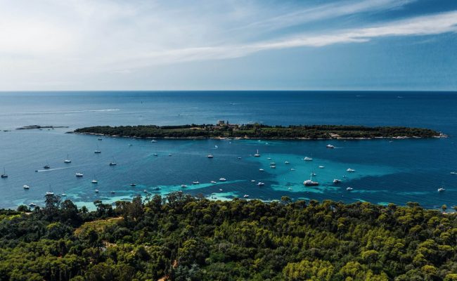 Aerial view of the Lérins Islands and turquoise sea off Cannes